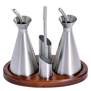 Galheteiro anti-gota aço inox base madeira GRS